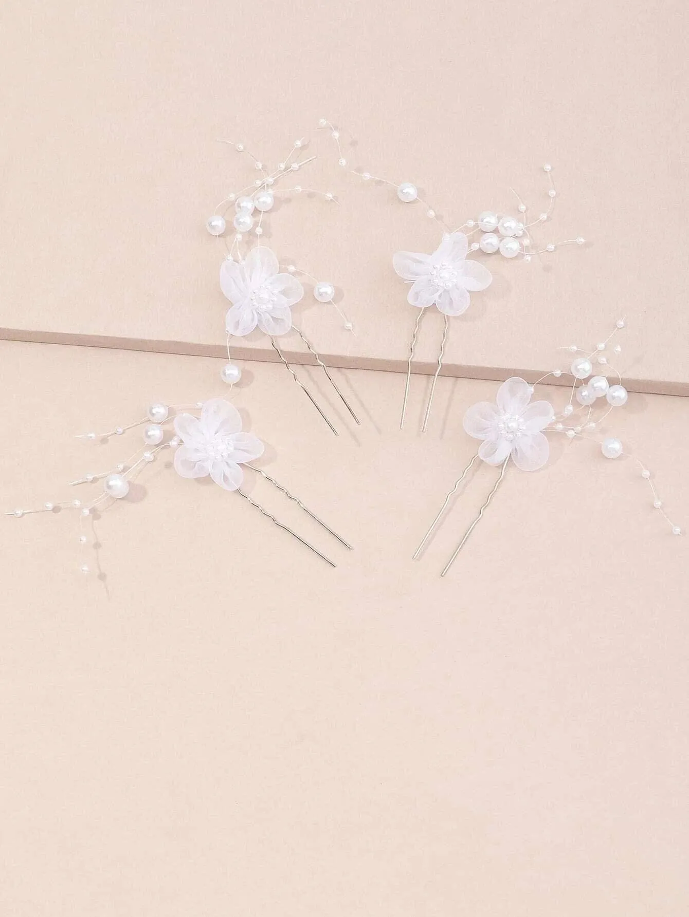 White Chiffon Flower Pearl 4 PC Hairpin Set, White Lace Bridal Floral Hair Pin, Wedding White Flower Pearl Hairpin Set