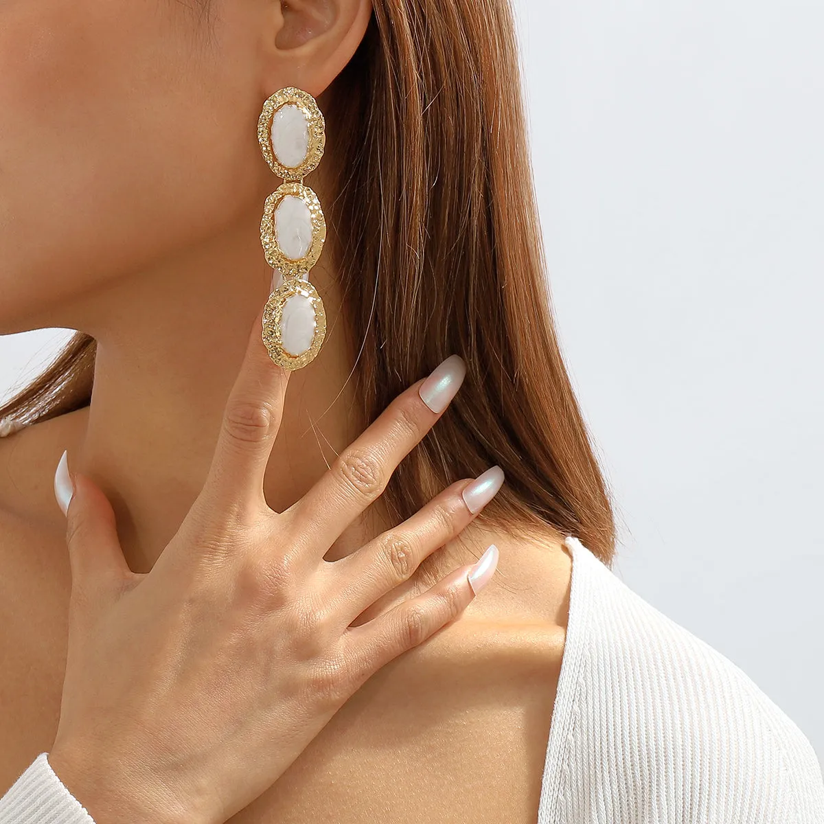 White Enamel & 18K Gold-Plated Textured Oval Trio Drop Earrings