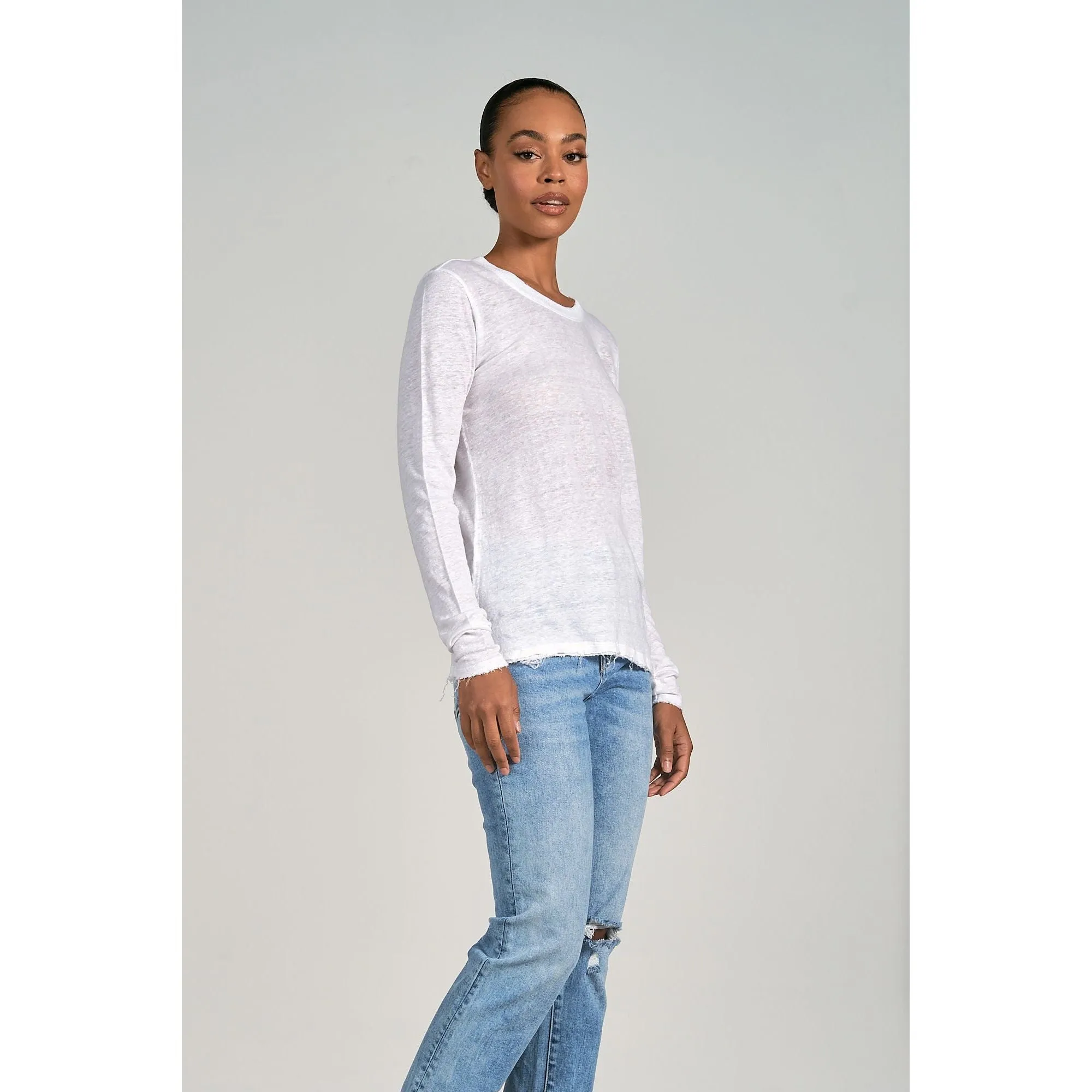 White Linen Crew Neck Top with Long Sleeves