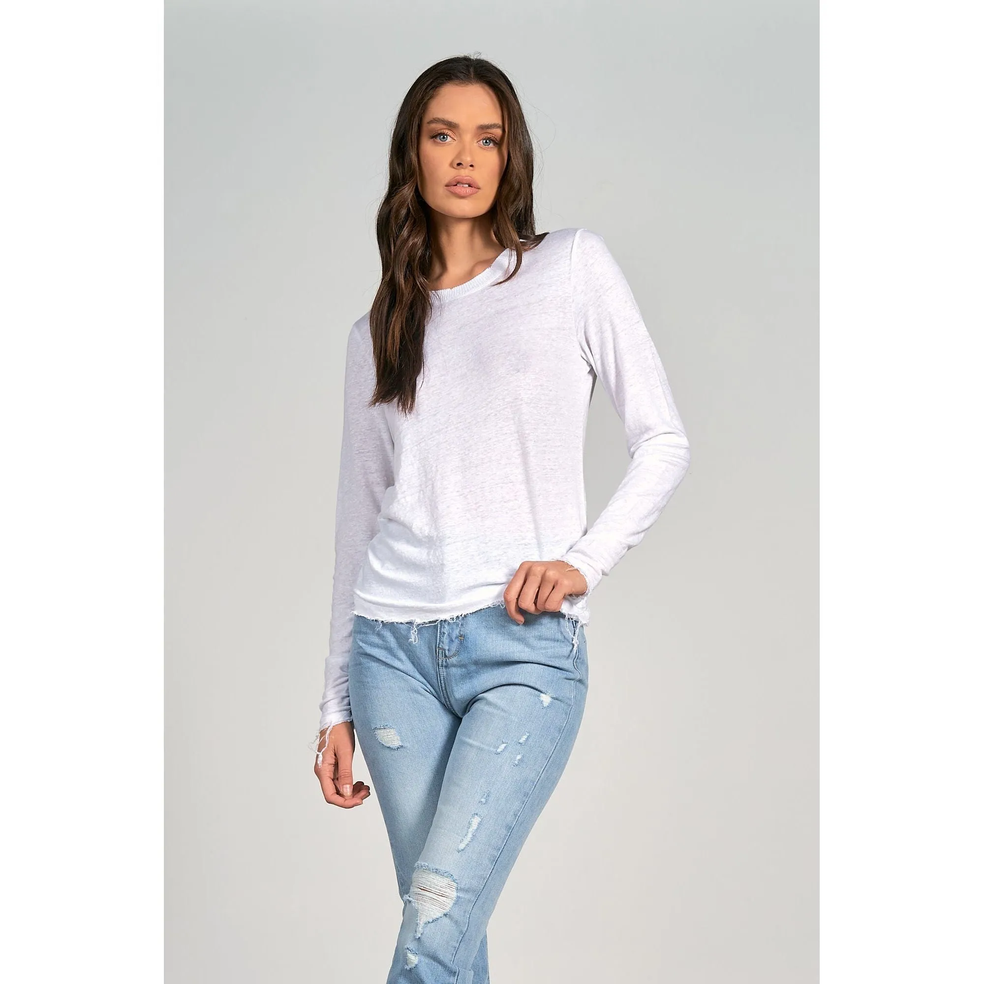 White Linen Crew Neck Top with Long Sleeves