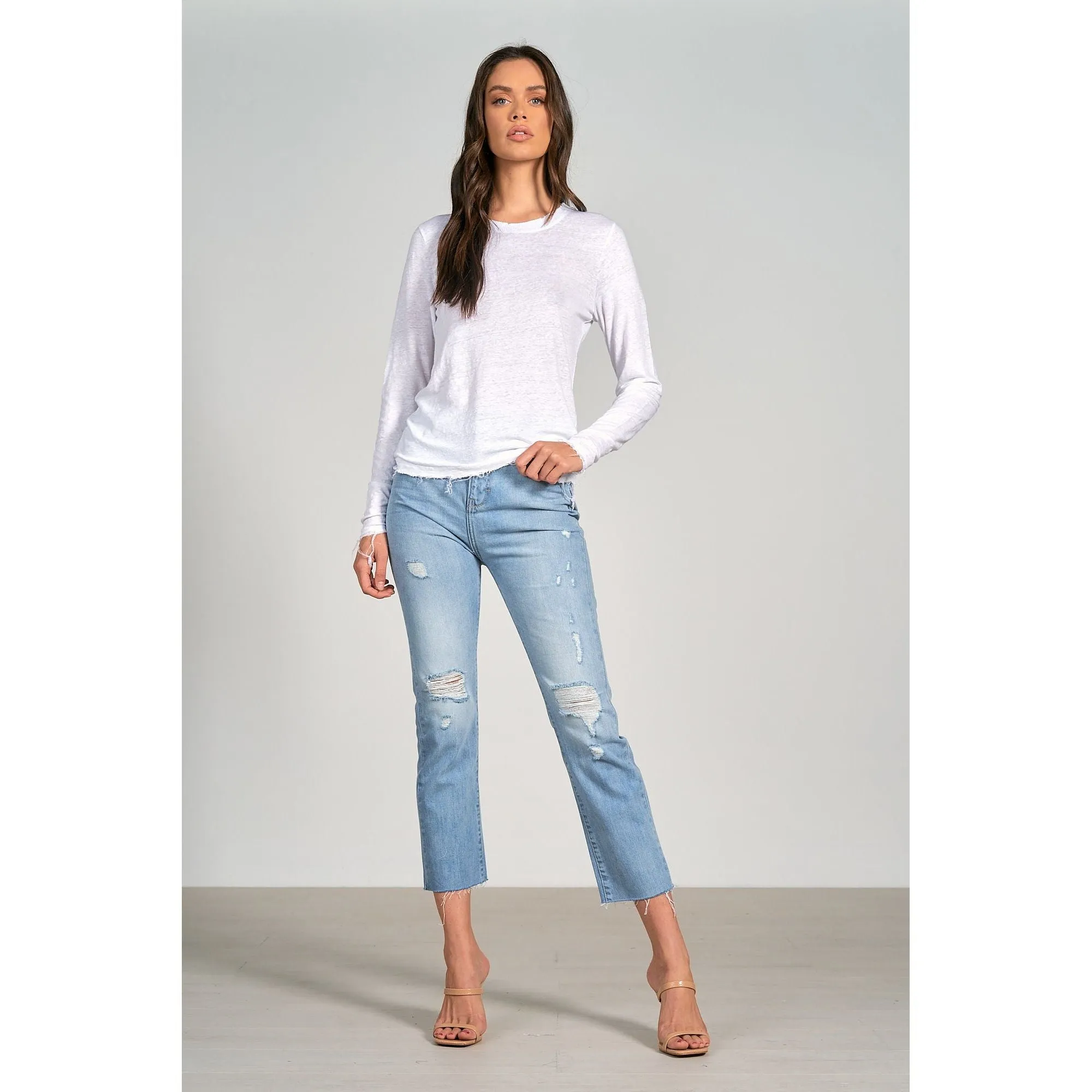 White Linen Crew Neck Top with Long Sleeves