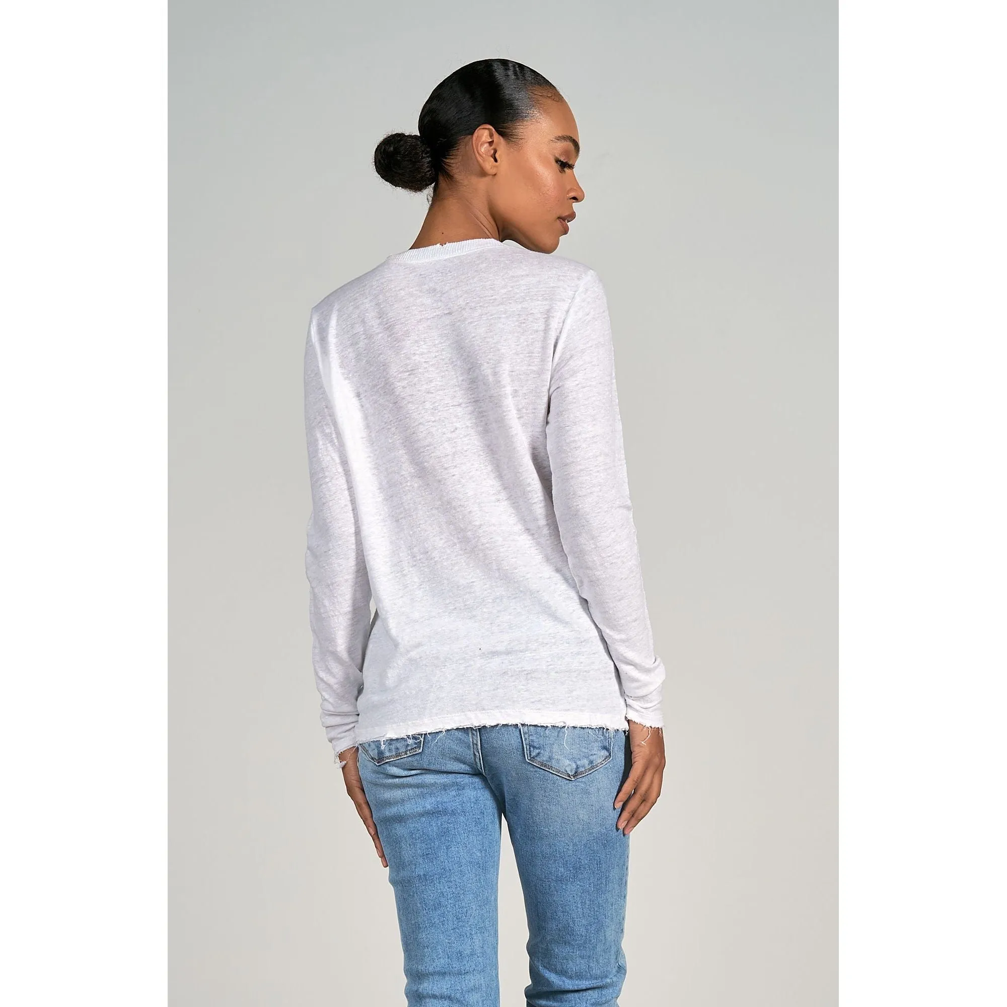White Linen Crew Neck Top with Long Sleeves