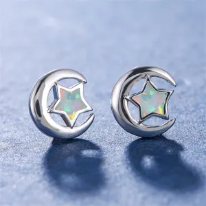 White Opal & Silver-Plated Star Moon Stud Earrings
