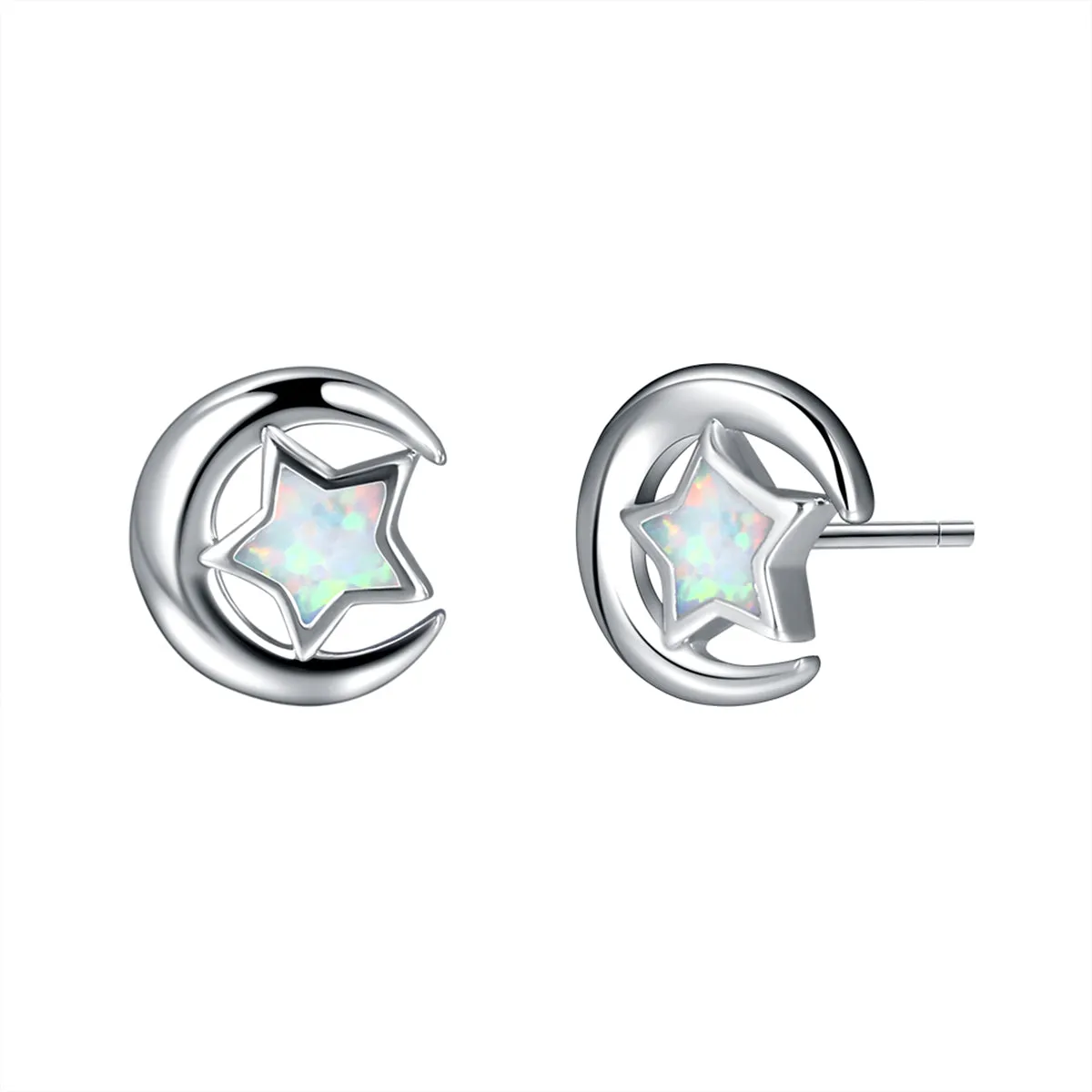 White Opal & Silver-Plated Star Moon Stud Earrings
