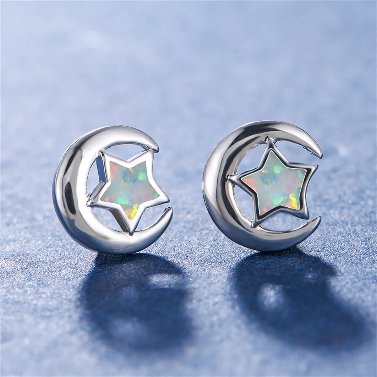White Opal & Silver-Plated Star Moon Stud Earrings