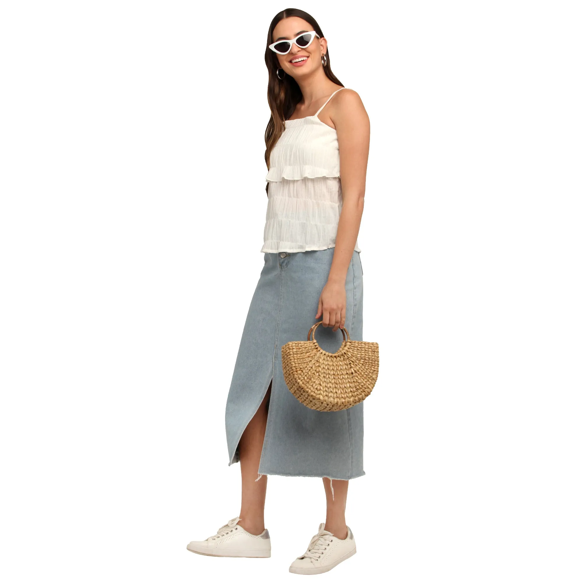 White Self Design Strappy Top