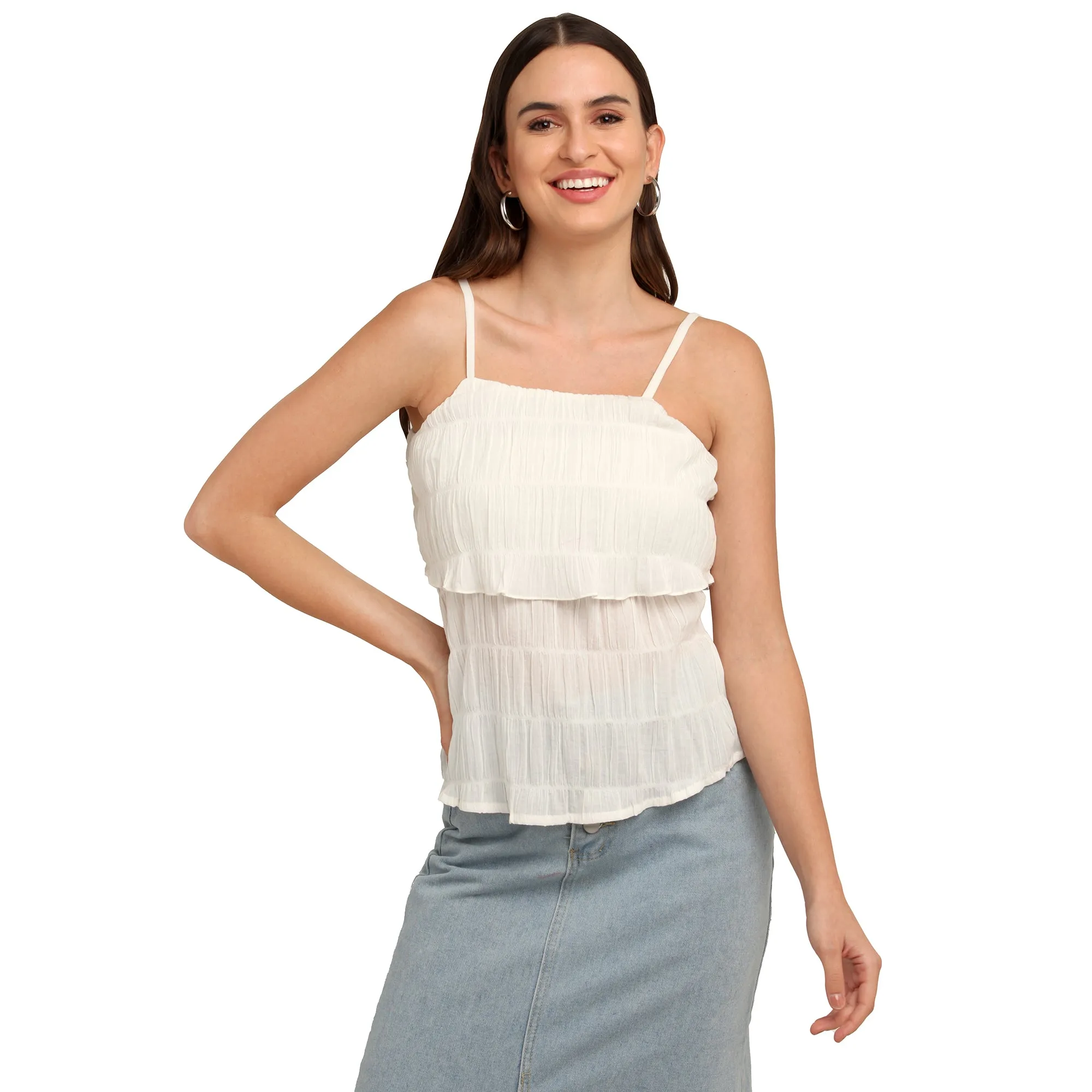 White Self Design Strappy Top