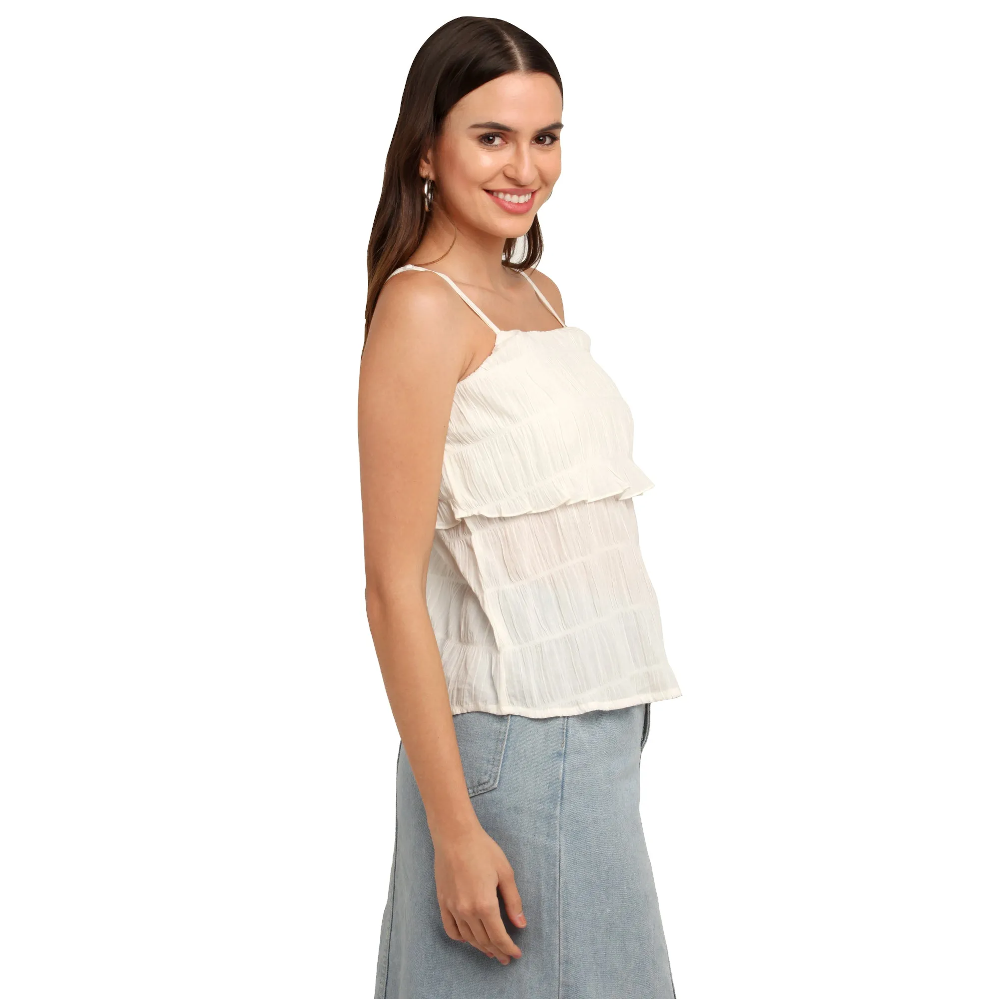 White Self Design Strappy Top
