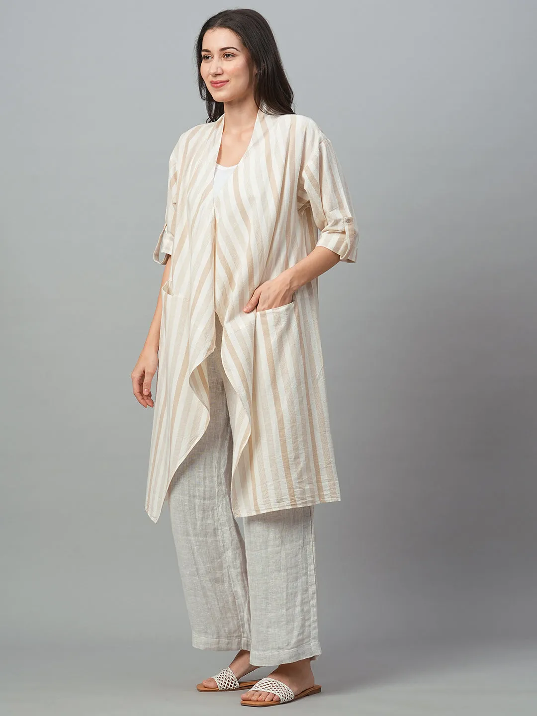 Women's Beige Cotton Linen Regular Fit Shrug