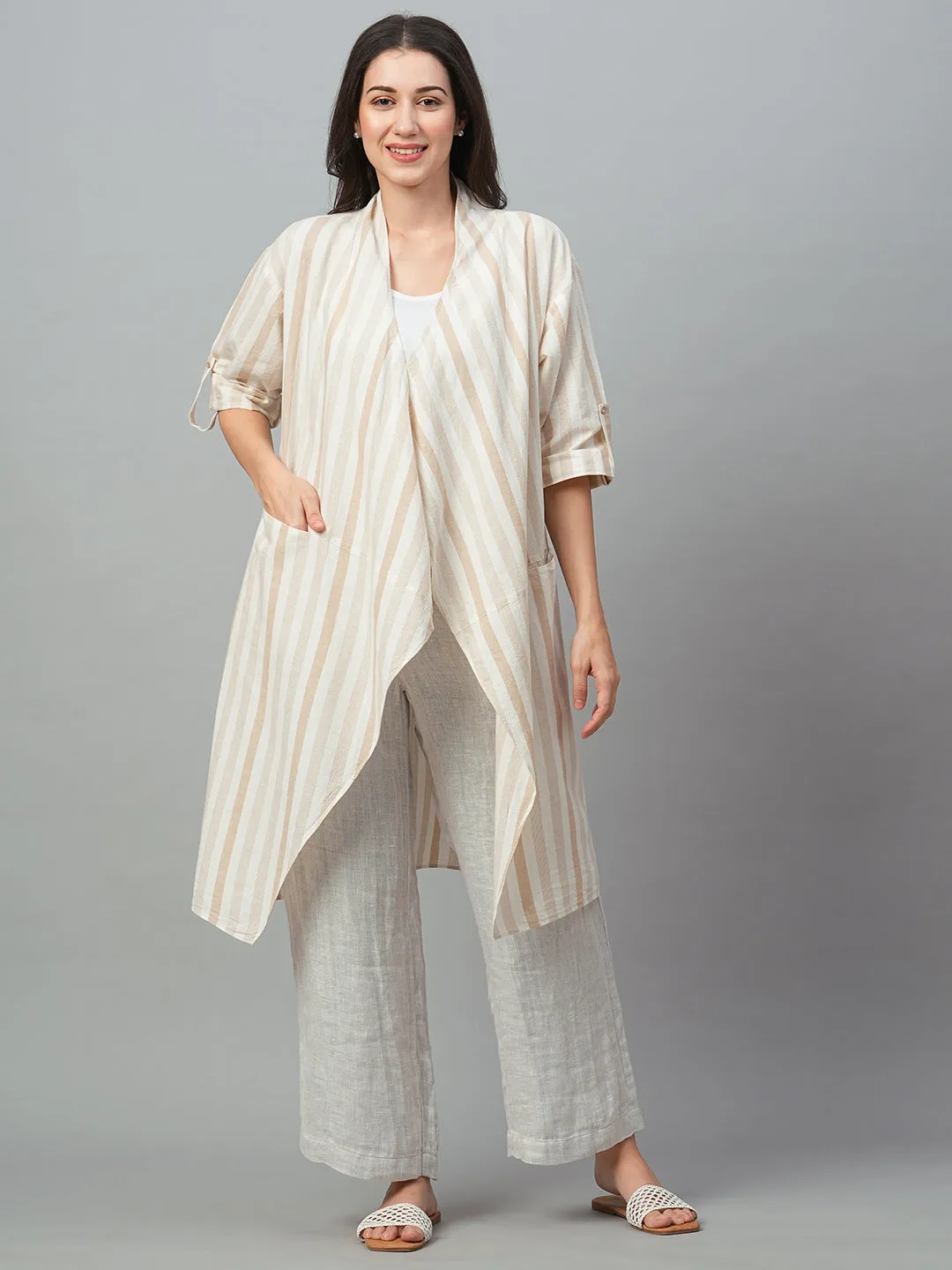 Women's Beige Cotton Linen Regular Fit Shrug