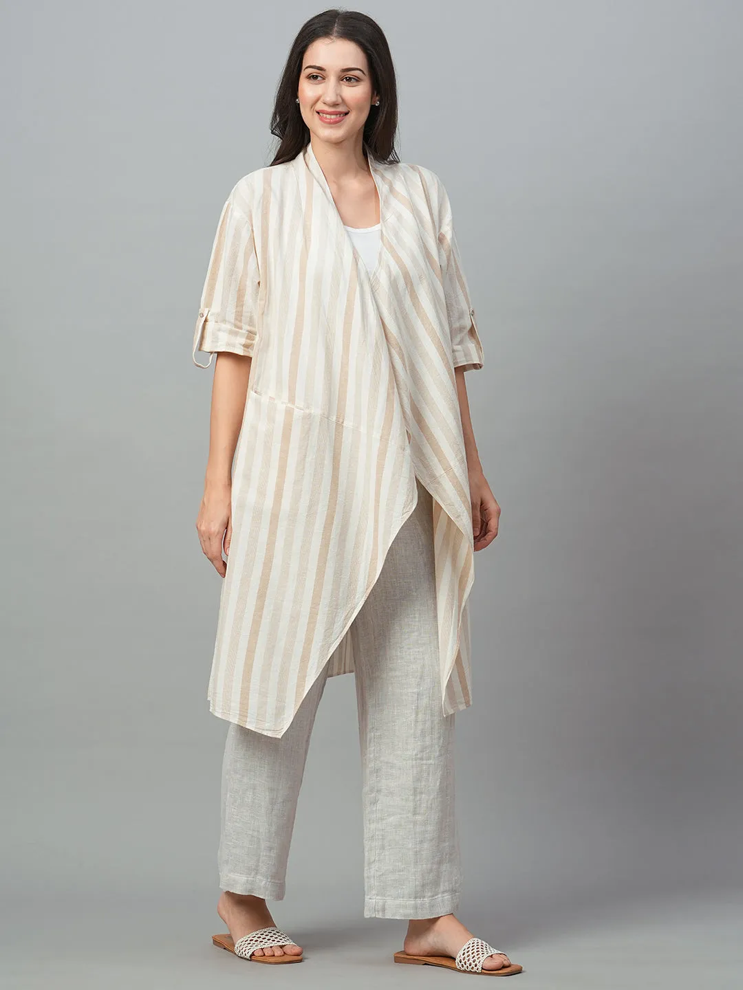 Women's Beige Cotton Linen Regular Fit Shrug