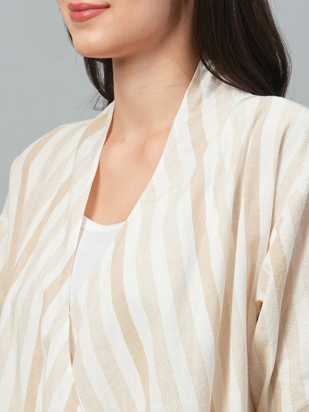 Women's Beige Cotton Linen Regular Fit Shrug