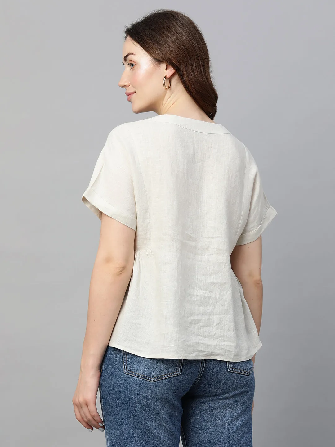 Women's Beige Linen Regular Fit Blouse