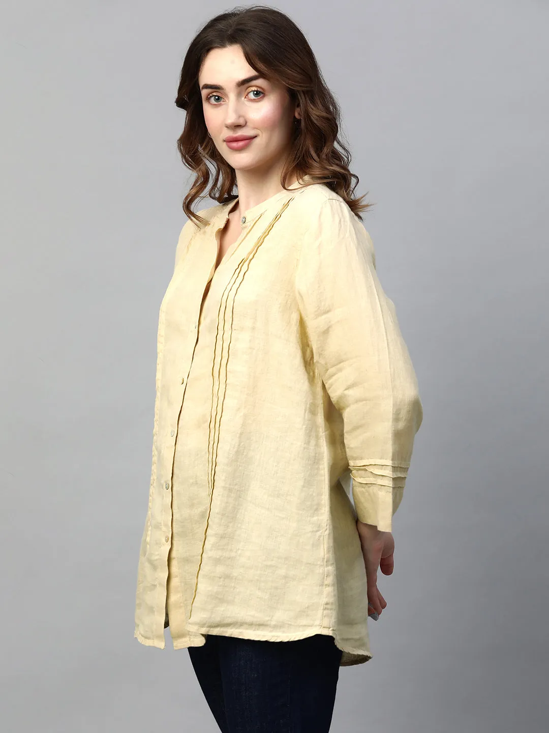 Women's Beige Linen Regular Fit Blouse