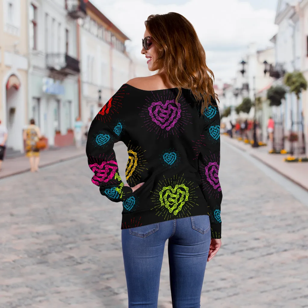 Women's Black Chain Heart Off Shoulder Sweater