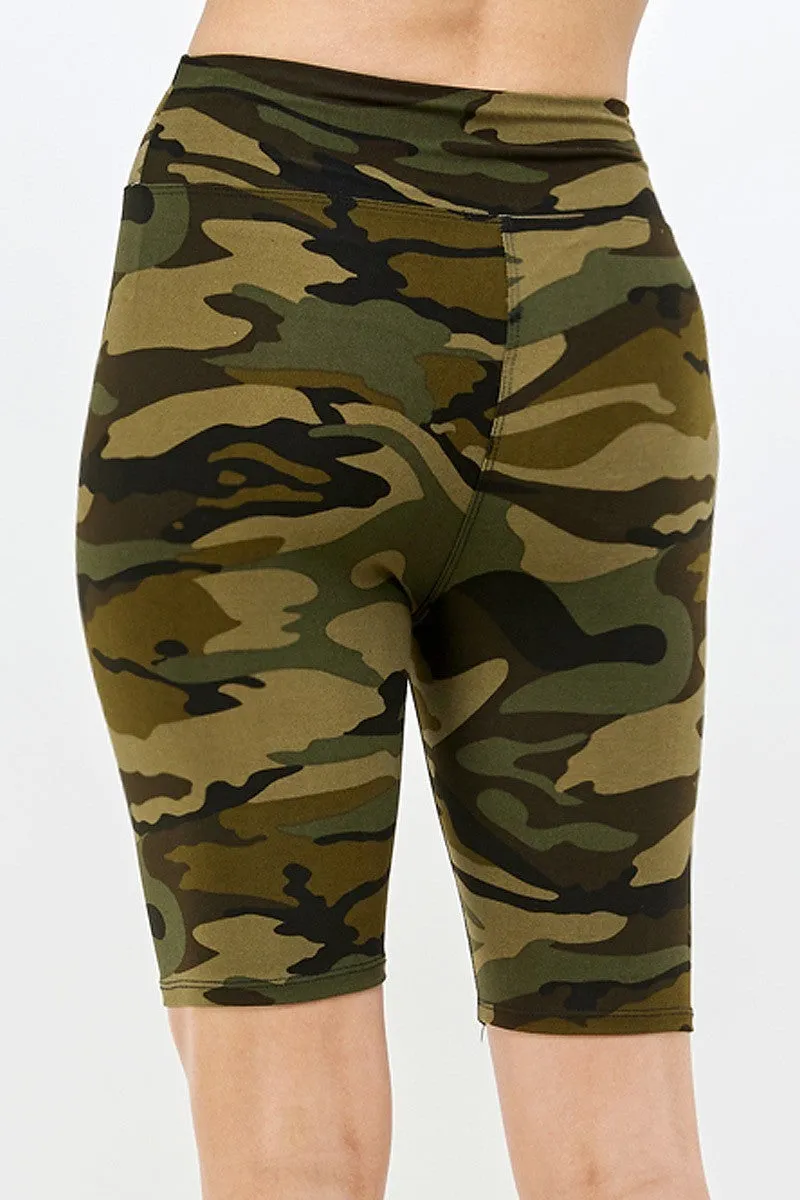 Women's Buttery Soft Olive Camouflage Print 3 Inch Waist Yoga Biker Shorts