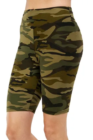 Women's Buttery Soft Olive Camouflage Print 3 Inch Waist Yoga Biker Shorts