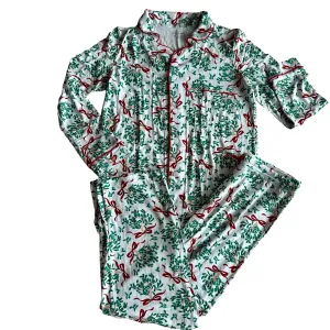 Women's Collared Pajama Set | Blue Mistletoe & Ribbons