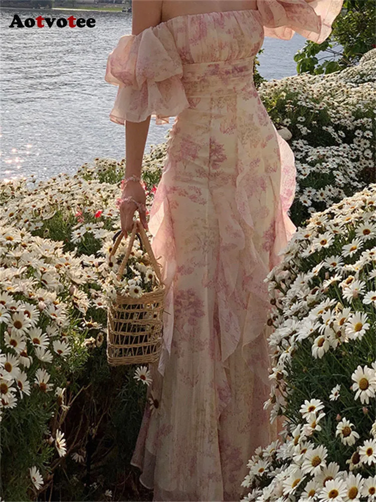 Women's Fairy-core Floral Off Shoulder Chiffon Long Dress