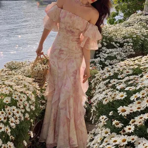 Women's Fairy-core Floral Off Shoulder Chiffon Long Dress