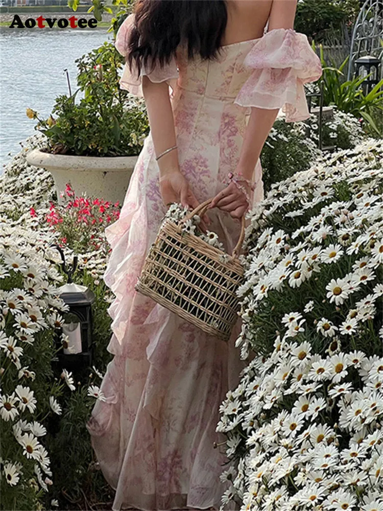 Women's Fairy-core Floral Off Shoulder Chiffon Long Dress