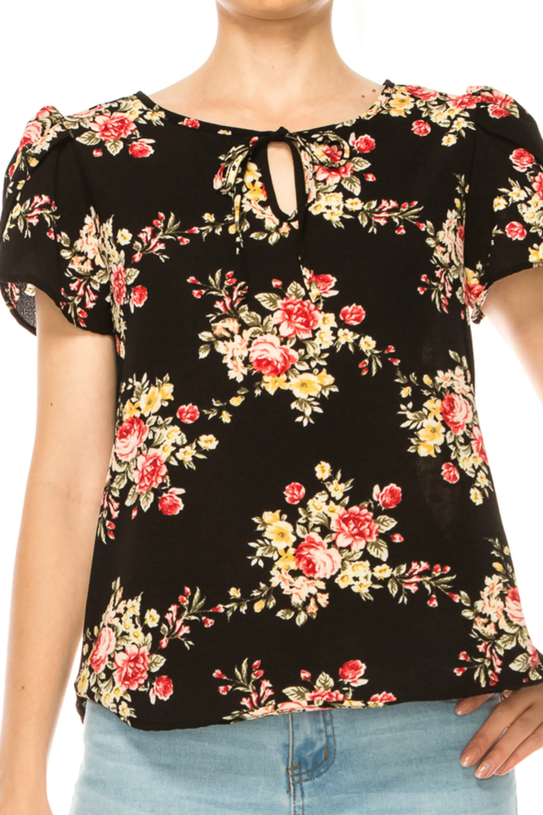 Women's Floral Pattern Short Sleeve Tunic Top Blouse