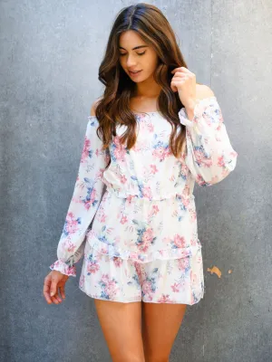 WOMEN'S FLOWER OFF SHOULDER LONG SLEEVE ROMPER
