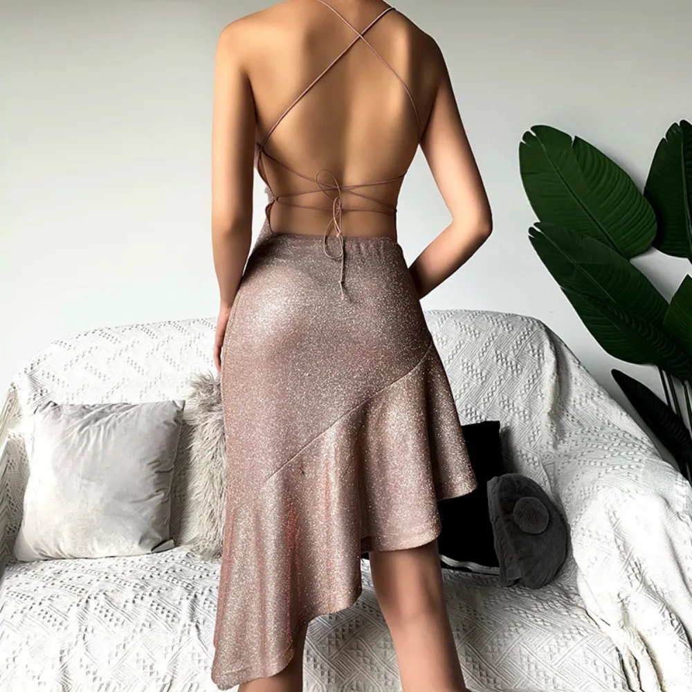 Women's Glitter Sexy Backless Slip Dress
