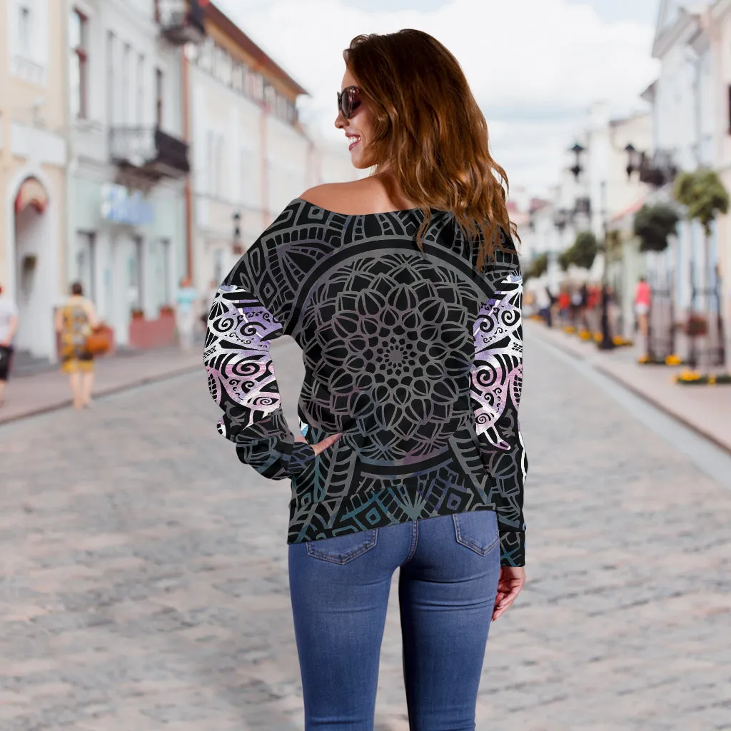 Women's Mandala Dragonfly Off Shoulder Sweater