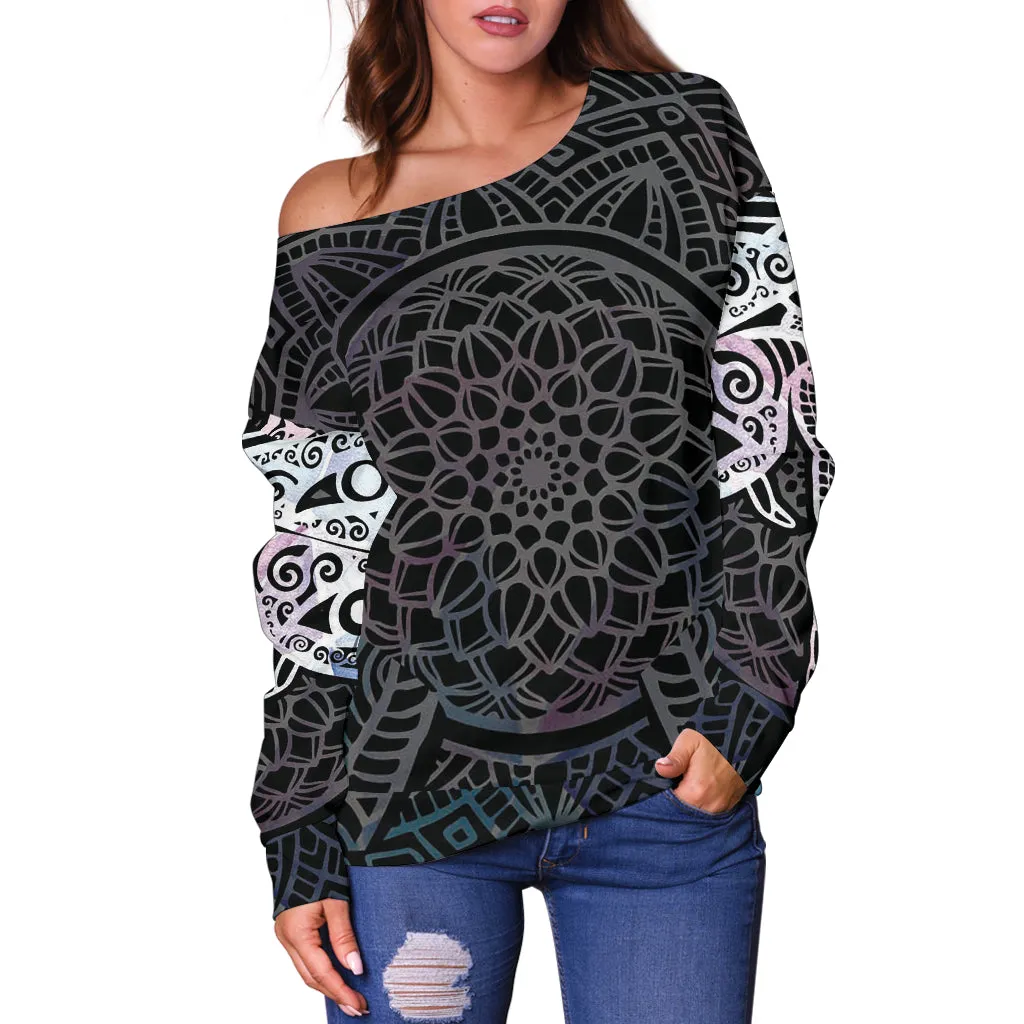 Women's Mandala Dragonfly Off Shoulder Sweater