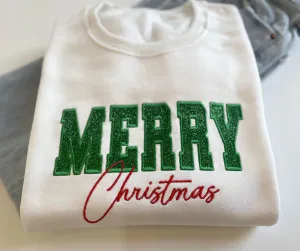 Women's Merry Christmas Green Glitter Embroidered Sweatshirt