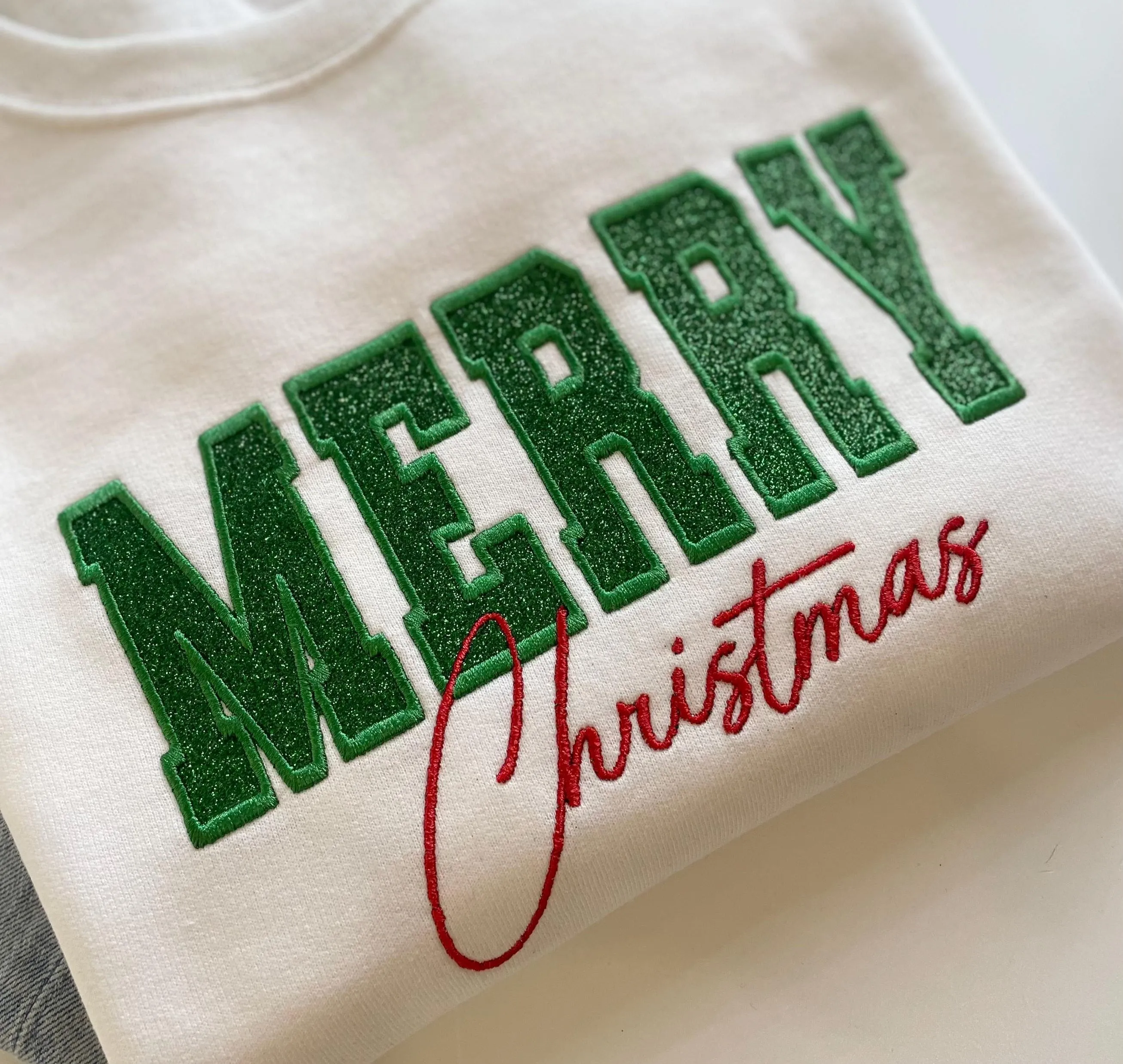 Women's Merry Christmas Green Glitter Embroidered Sweatshirt