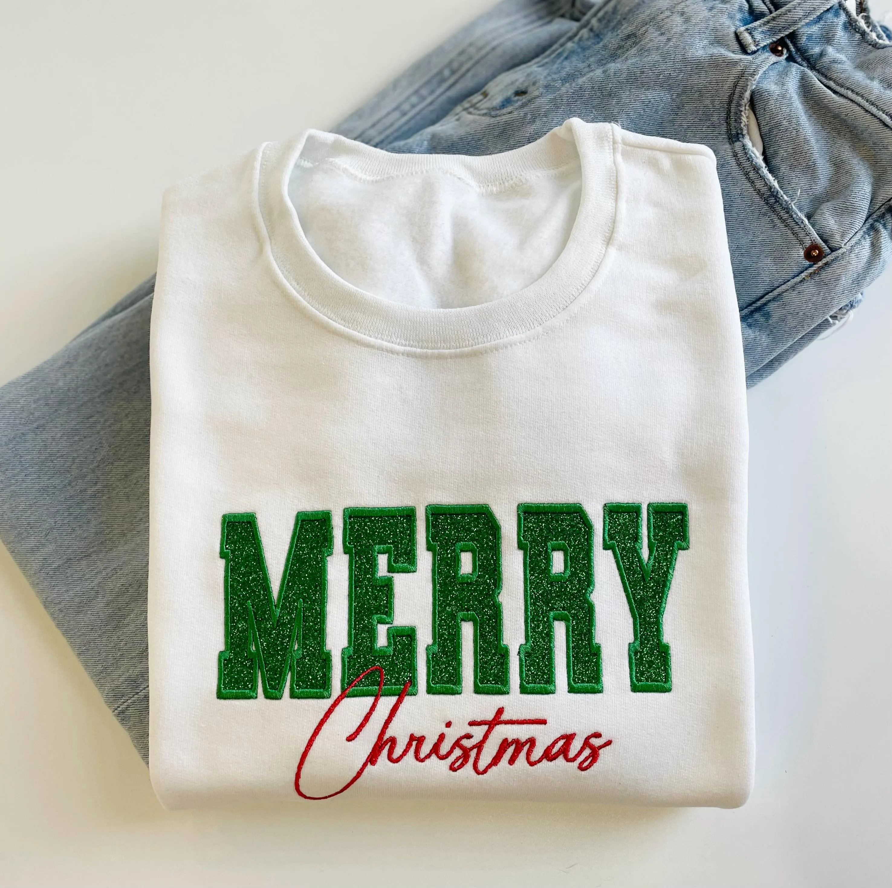 Women's Merry Christmas Green Glitter Embroidered Sweatshirt