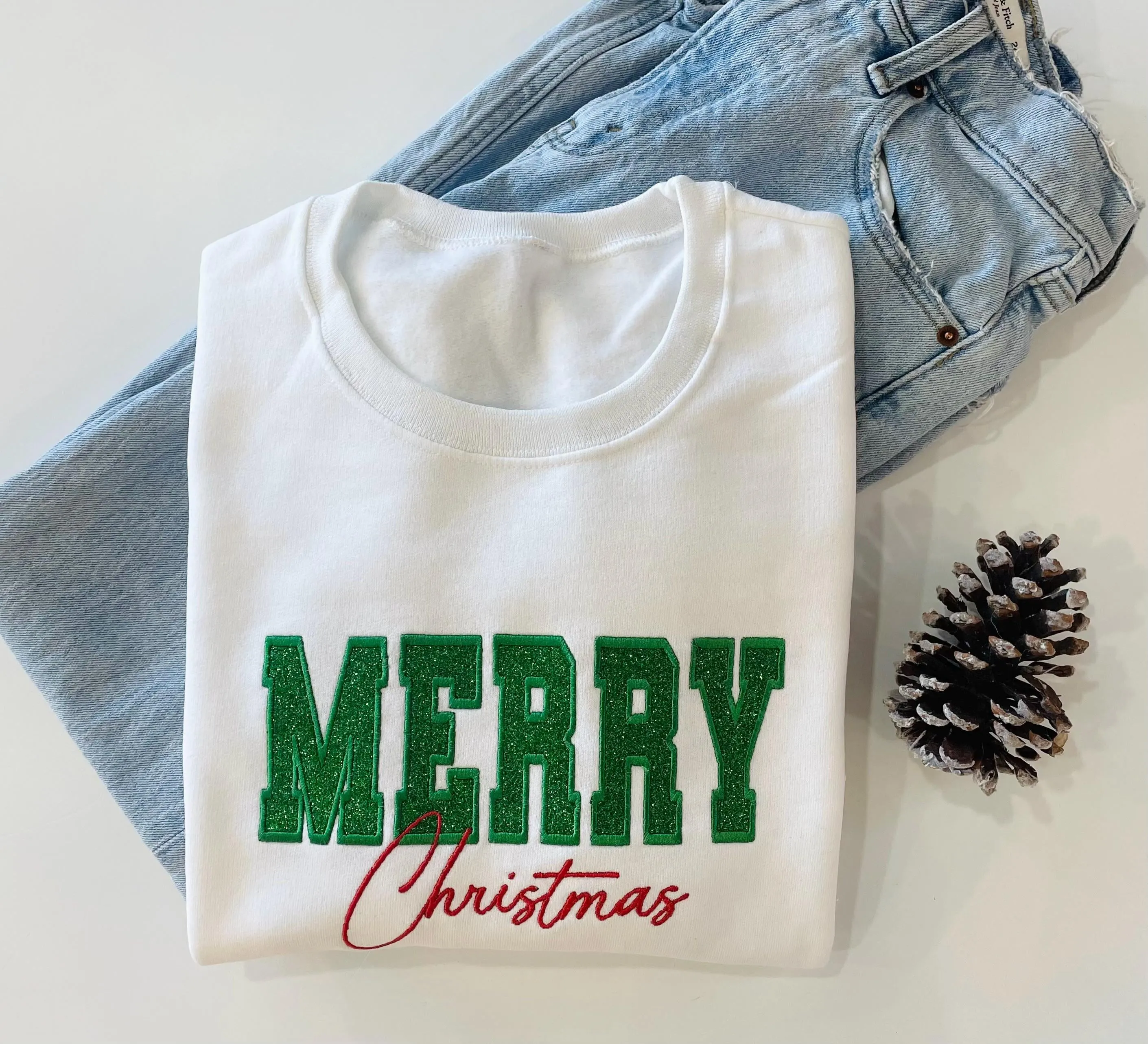Women's Merry Christmas Green Glitter Embroidered Sweatshirt