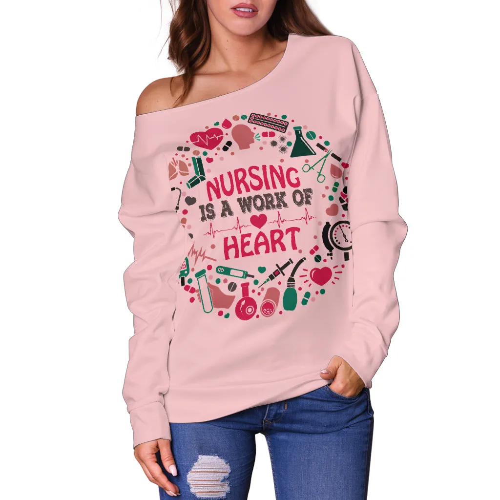 Women's Nursing Is A Work Of Heart Off Shoulder Sweater
