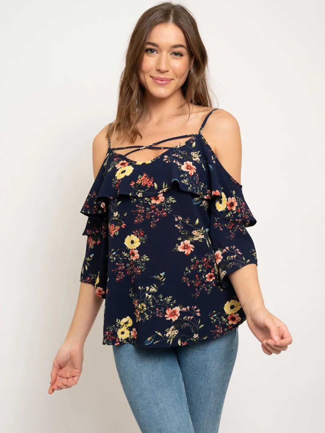 WOMEN'S OFF SHOULDER FLORAL RUFFLE TOP