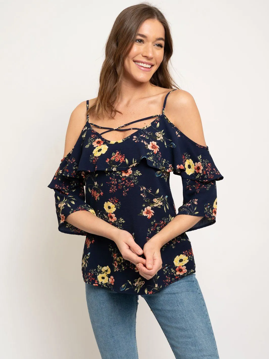 WOMEN'S OFF SHOULDER FLORAL RUFFLE TOP