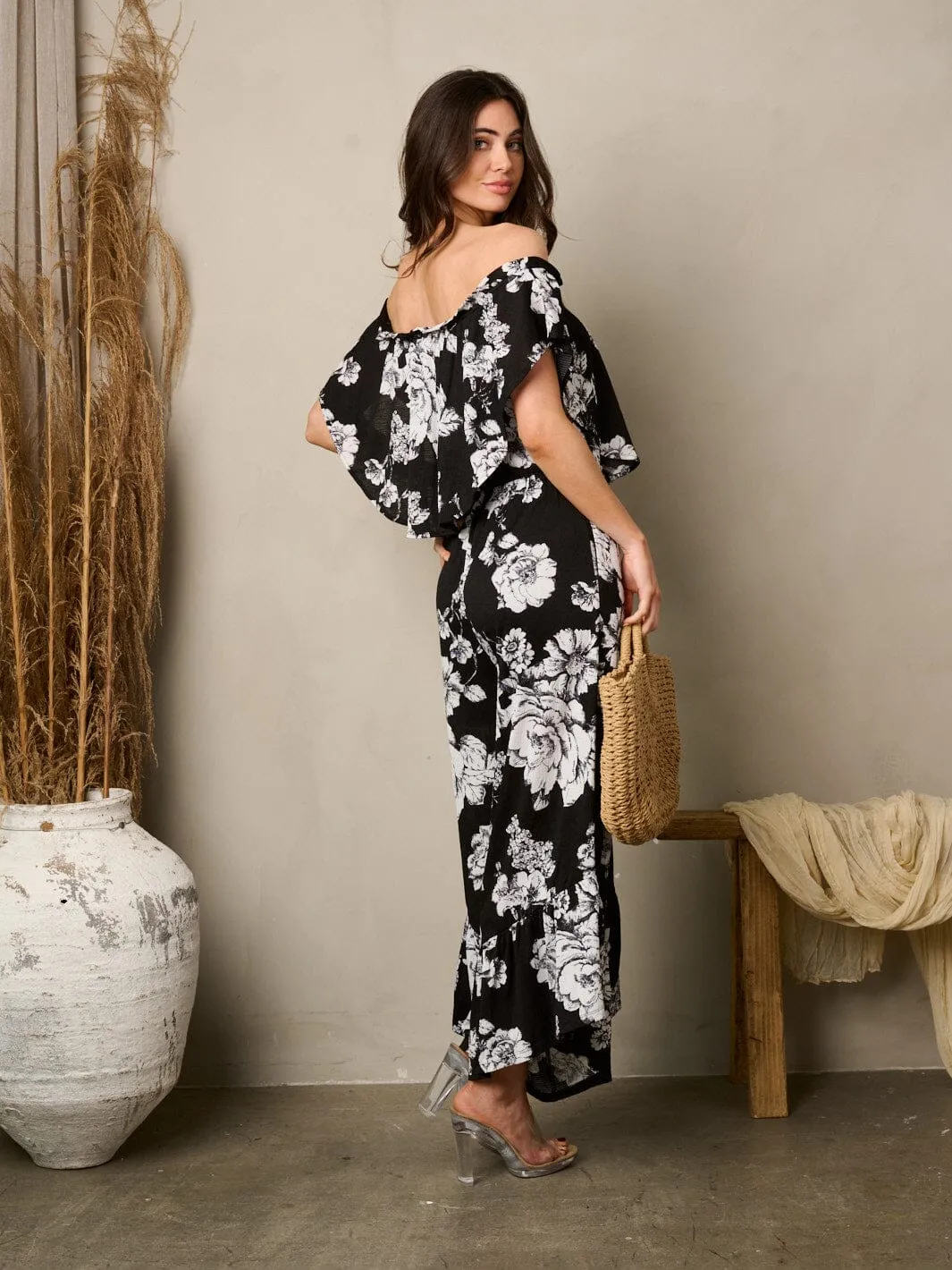 WOMEN'S OFF SHOULDER RUFFLE FLROAL JUMPSUIT