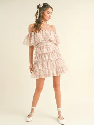 WOMEN'S OFF SHOULDER TIERED RUFFLE FLORAL MINI DRESS