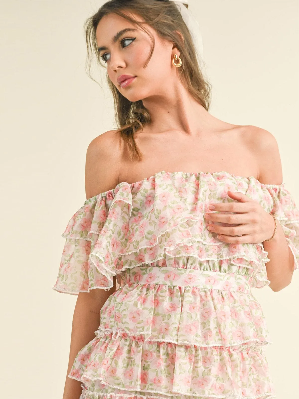 WOMEN'S OFF SHOULDER TIERED RUFFLE FLORAL MINI DRESS
