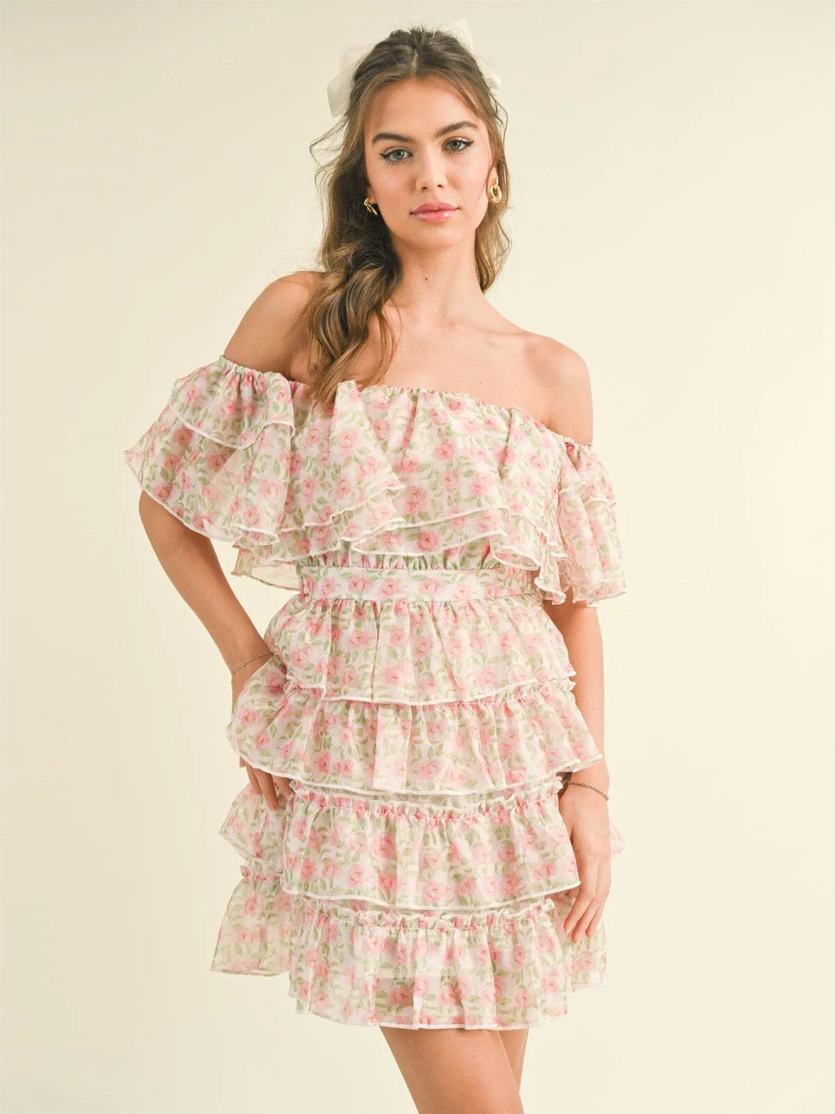 WOMEN'S OFF SHOULDER TIERED RUFFLE FLORAL MINI DRESS