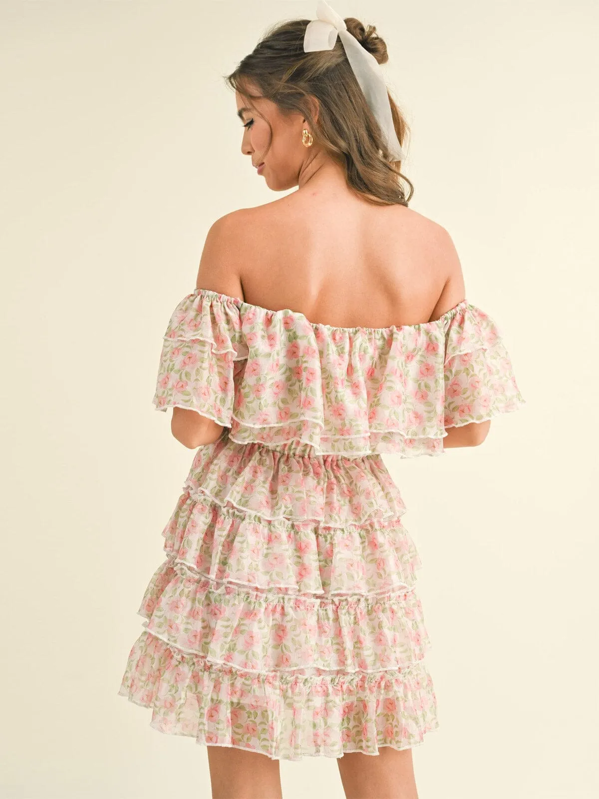 WOMEN'S OFF SHOULDER TIERED RUFFLE FLORAL MINI DRESS