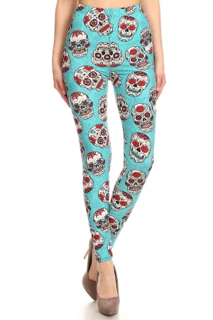 Women's Regular Teal Sugar Skulls Pattern Printed Leggings