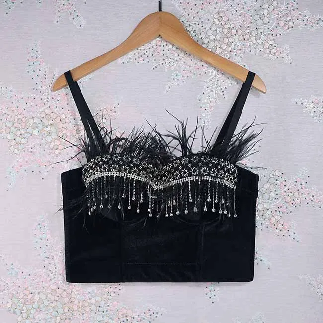 Women's sexy bustier push up crop top club party corset top bra with feather