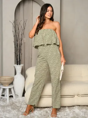 WOMEN'S SLEEVELES OFF SHOULDER FLORAL RUFFLE JUMPSUIT