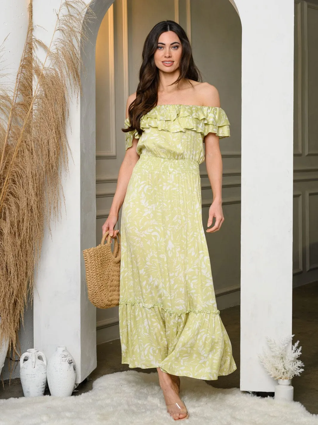 WOMEN'S SLEEVELESS OFF SHOULDER RUFFLE FLORAL MAXI DRESS