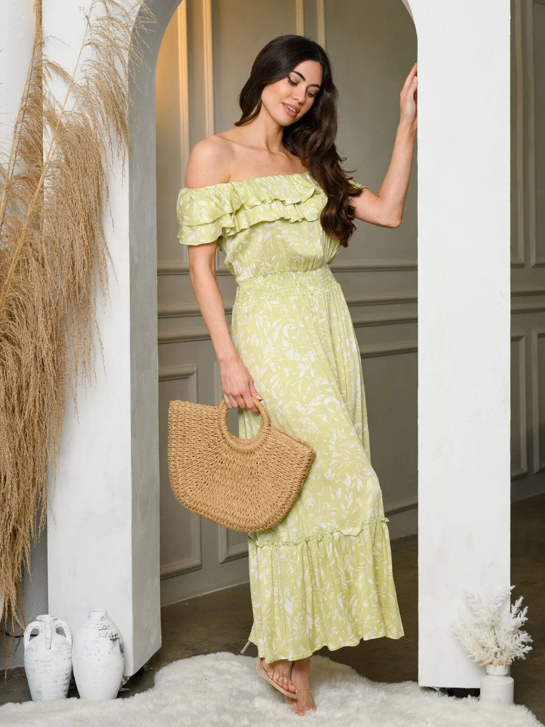 WOMEN'S SLEEVELESS OFF SHOULDER RUFFLE FLORAL MAXI DRESS