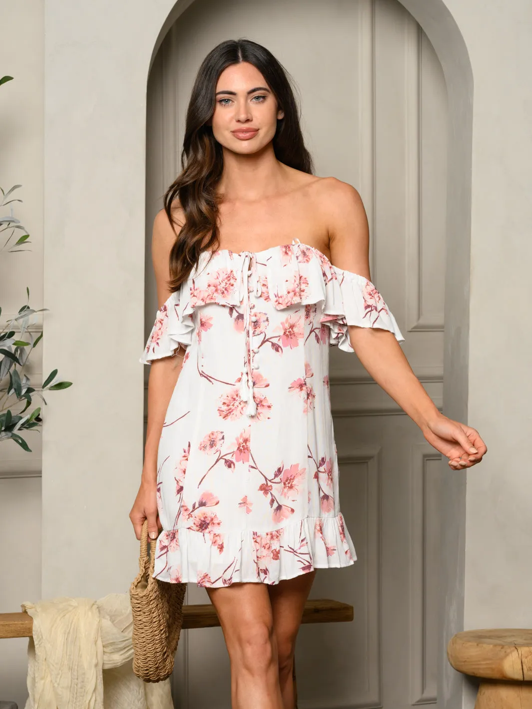 WOMEN'S SLEEVELESS OFF SHOULDER RUFFLE MINI DRESS