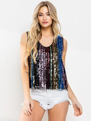 WOMEN'S SLEEVELESS V-NECK SEQUINS MULTI COLOR TANK TOP