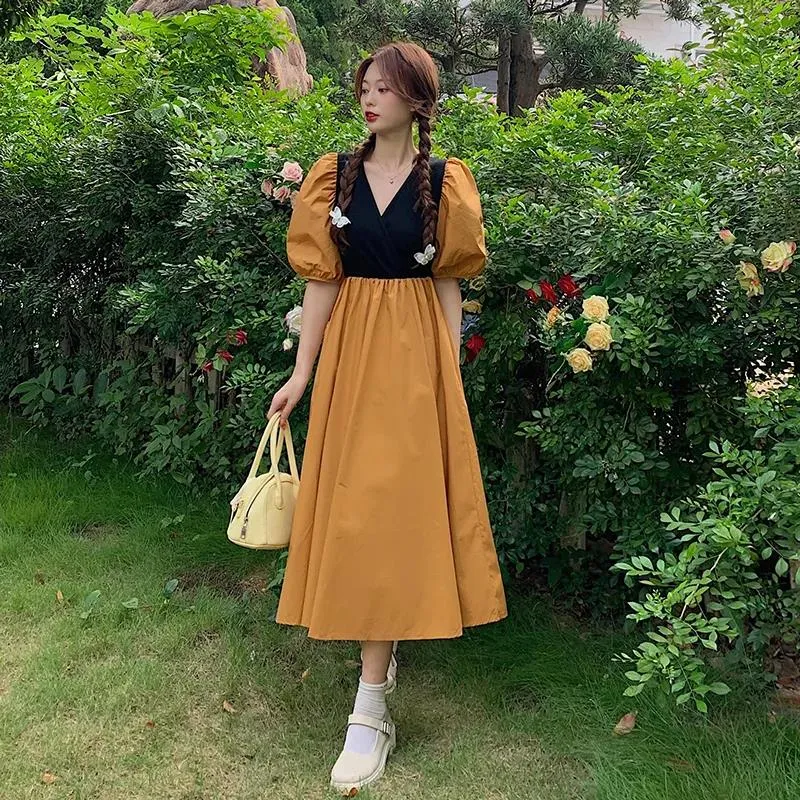 Women's Summer Dress V-neck Puff Sleeves Solid Color Slim Over The Knee Midi Skirt